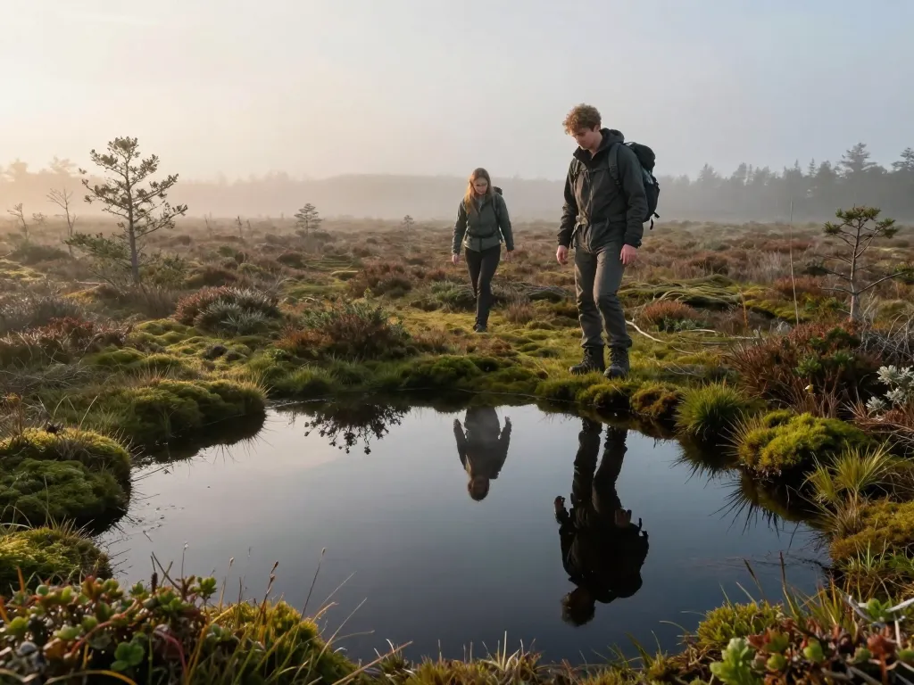 Un couple de randonneurs explore une tourbière sauvage et préservée au cœur des zones humides lors du coucher du soleil.
