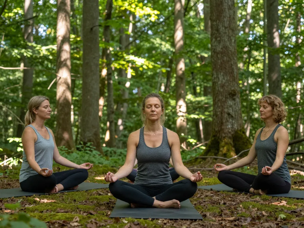 Groupe de personnes pratiquant la méditation et la pleine conscience lors d'un séjour bien-être dans la forêt de Chirens.