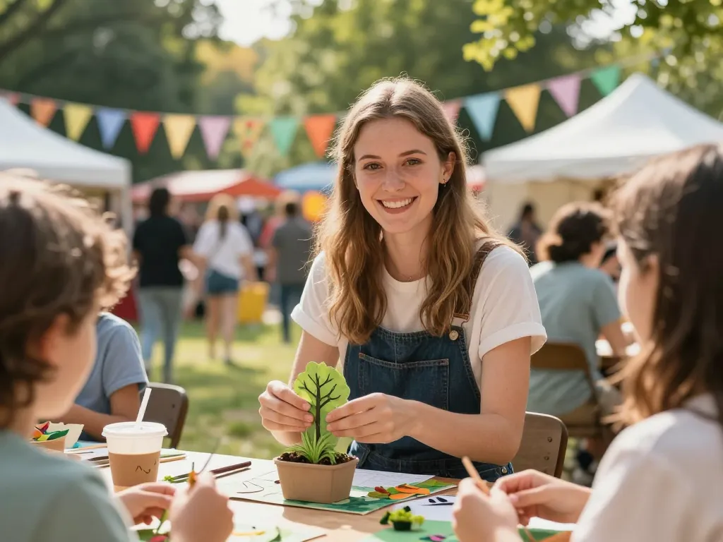 Sarah animant un atelier de création de masques naturels lors d'un carnaval de village en plein air.