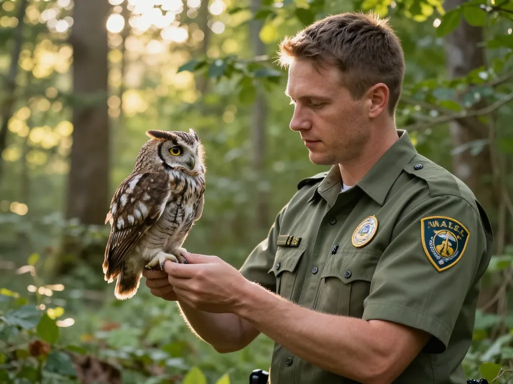 Un agent départemental spécialisé manipulant avec douceur un rapace nocturne pour des soins au sein d'une forêt lumineuse.