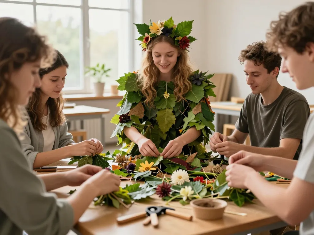 Un groupe de personnes réunies pour fabriquer ensemble un costume de carnaval écologique à partir de fleurs et de feuilles mortes.