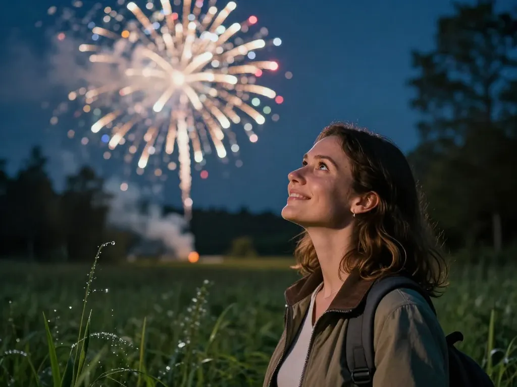 Sophie, une protectrice de l'environnement, sourit en contemplant un spectacle de feux d'artifice écologiques dans une forêt paisible.