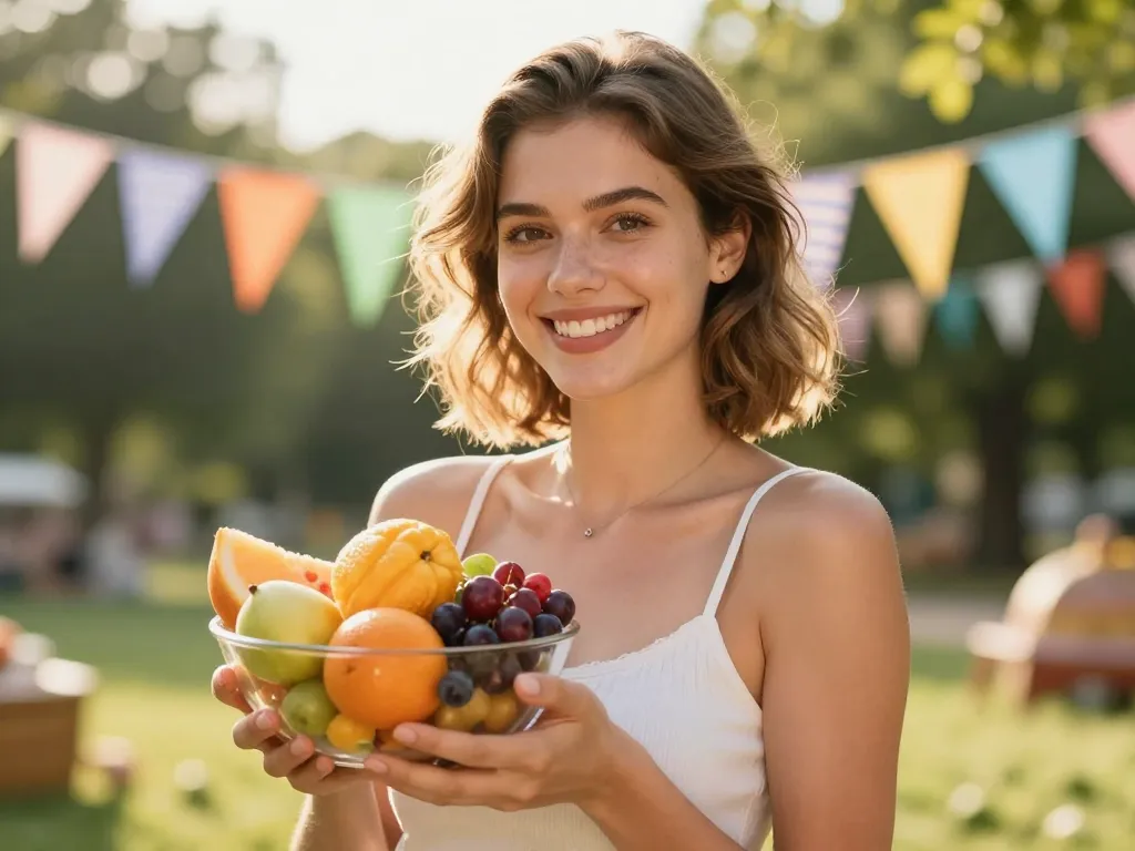 Portrait de Sophie souriante tenant un bol de fruits frais dans un décor de fête en plein air.