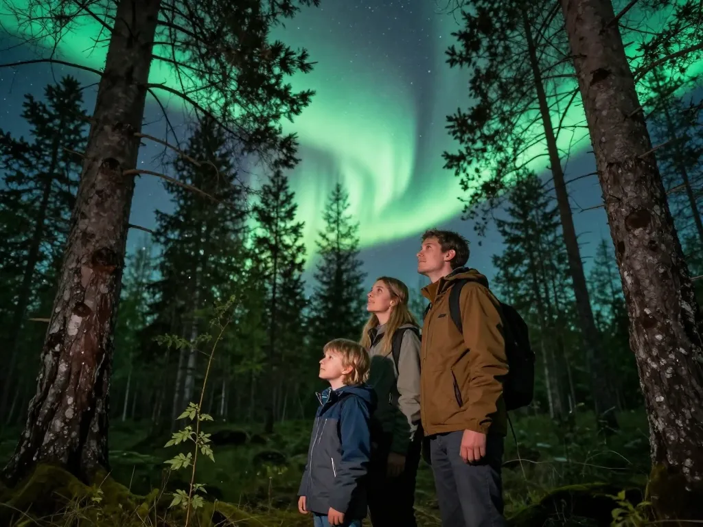 Une famille contemple avec émerveillement une aurore boréale spectaculaire au-dessus d'une forêt sauvage illuminée par une lueur naturelle.