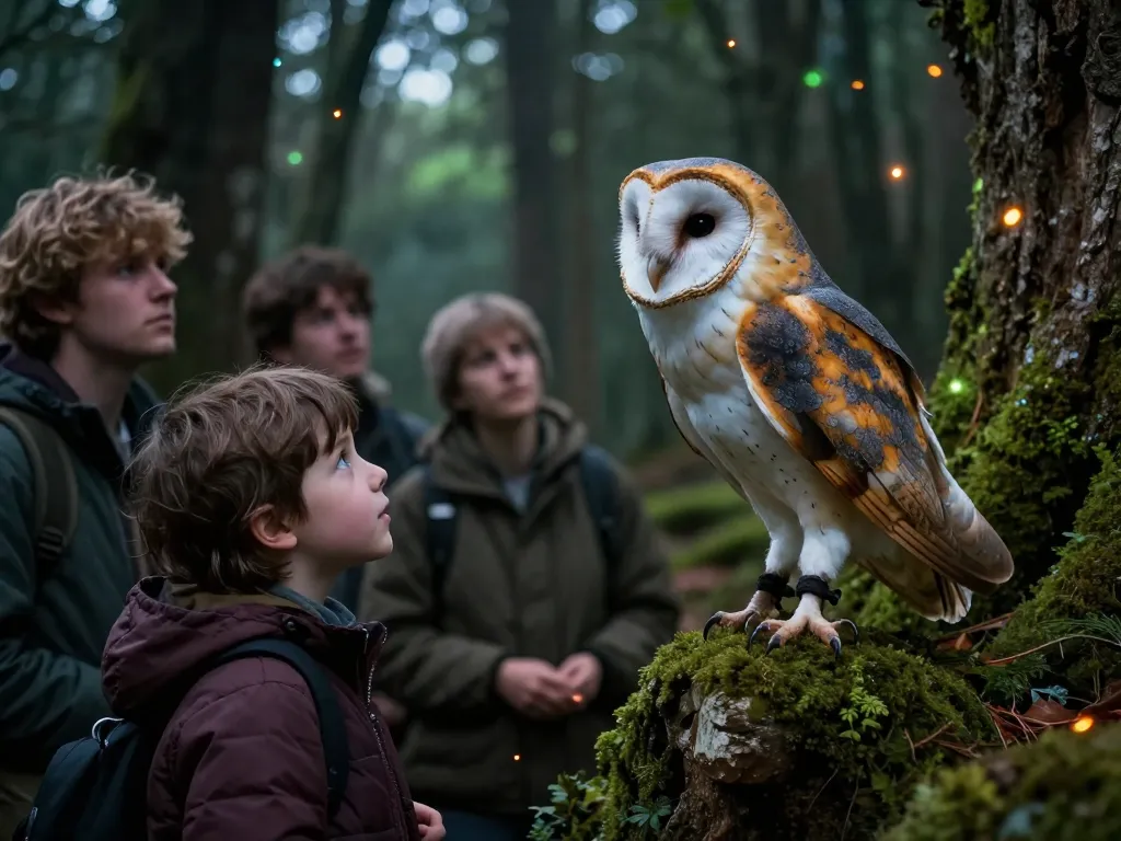 Spectacle nocturne en forêt montrant un fauconnier présentant une chouette à un groupe de visiteurs sous des illuminations féeriques.