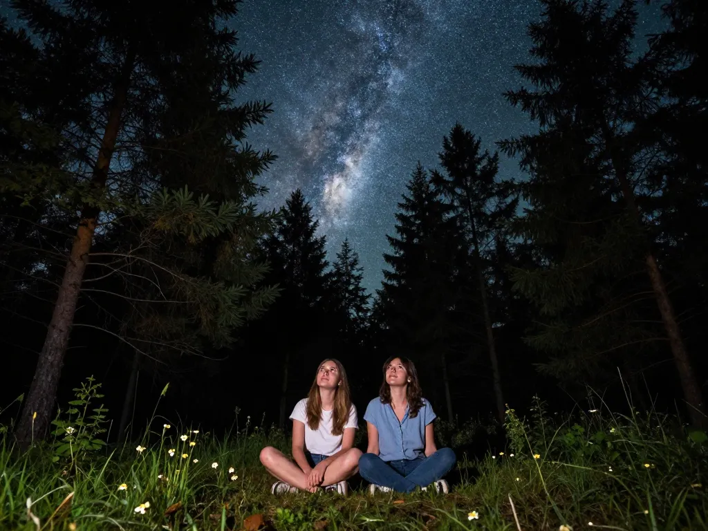 Un couple admire la splendeur de la Voie lactée au-dessus d'une forêt de pins lors d'une nuit étoilée.