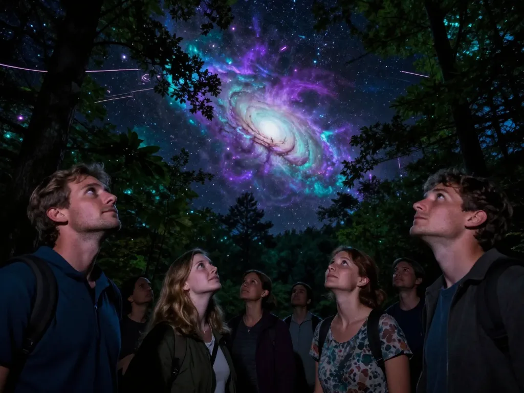 Spectateurs émerveillés contemplant des projections de nébuleuses et de galaxies sur les arbres d'une forêt nocturne lors d'un spectacle d'illuminations.