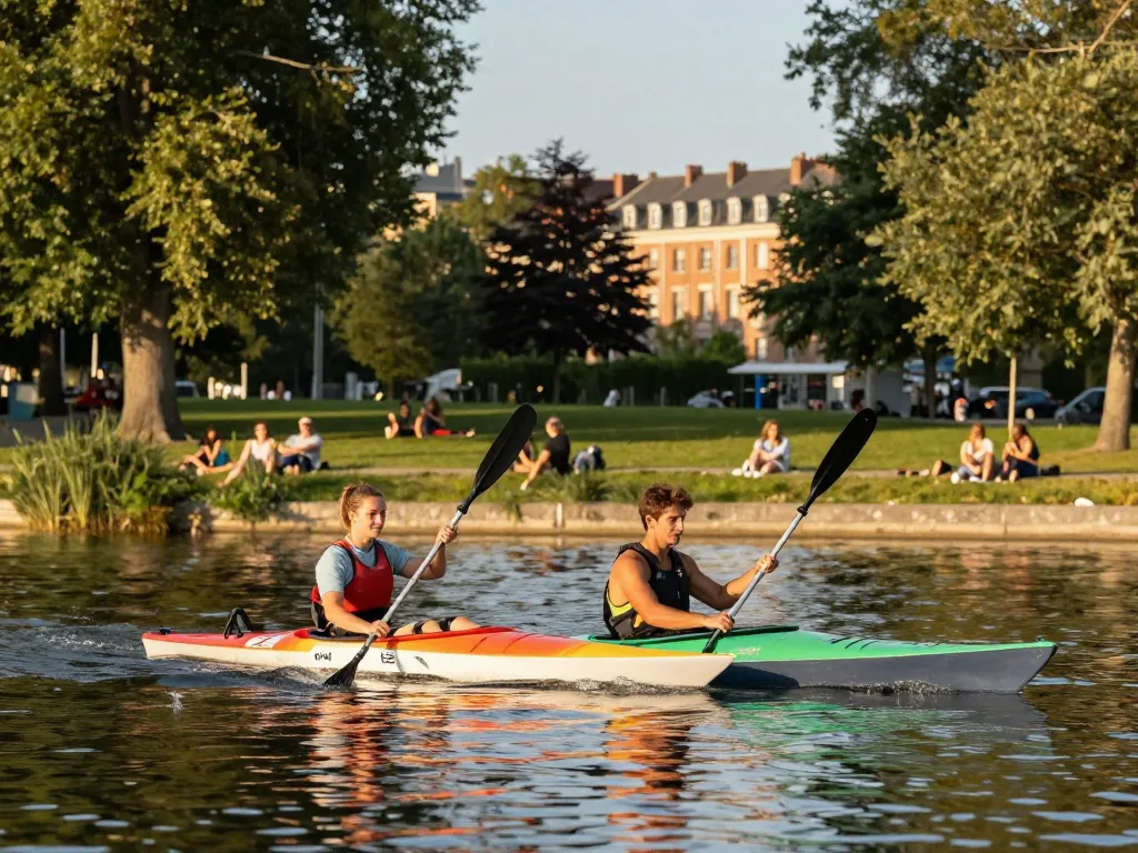 Des personnes faisant du kayak sur la Deûle et des promeneurs se reposant sur les berges verdoyantes d'un parc à Lille.