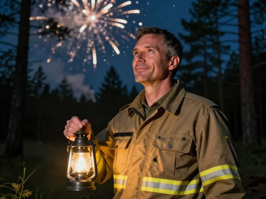 Portrait de Marc, un gardien de la nature souriant devant un feu d'artifice écologique dans une forêt nocturne.