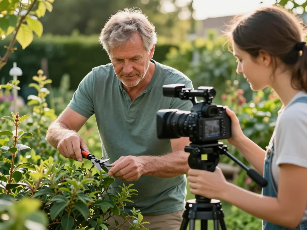 Un homme et une femme filmant un tutoriel de jardinage dans un jardin luxuriant avec une caméra professionnelle.