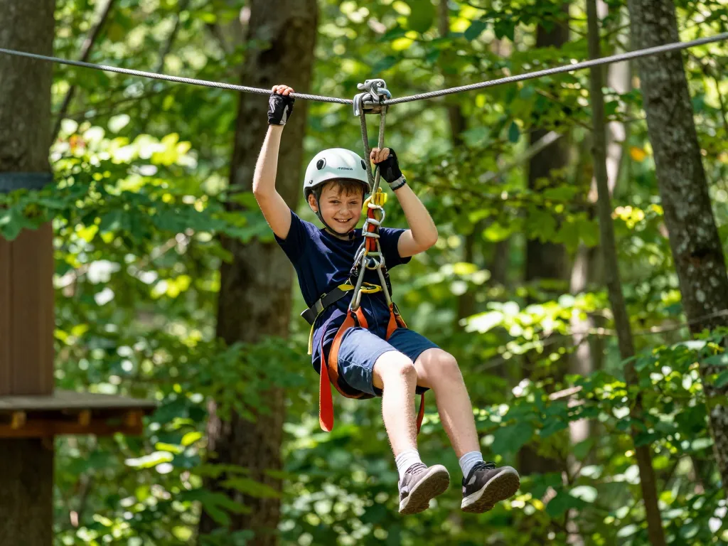 Jeune adolescent souriant en pleine descente de tyrolienne dans les arbres au parc Lille Aventure Nature sous le soleil.