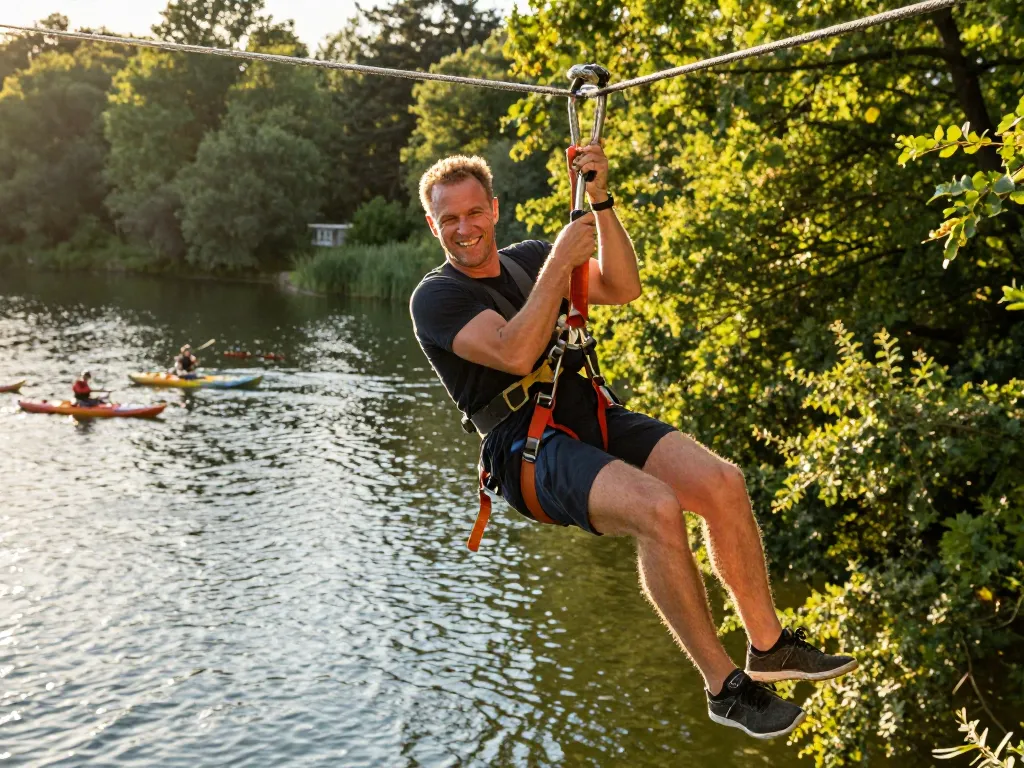 Un homme dynamique s'élançant en tyrolienne au-dessus d'un lac animé par des kayaks dans un espace naturel forestier.