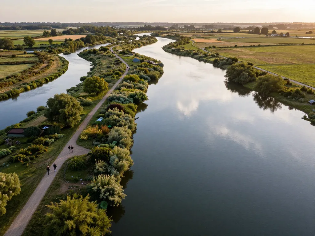 Vue aérienne panoramique des zones humides de la Vallée de la Somme avec ses canaux sinueux et des randonneurs au milieu d'une nature sauvage.