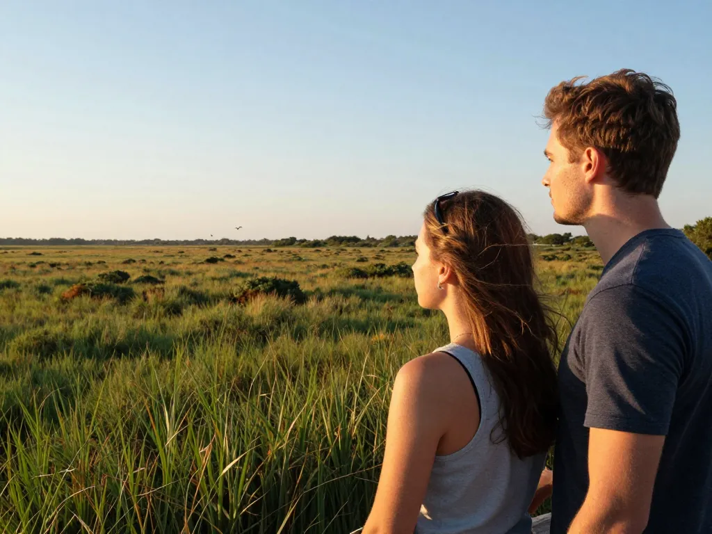 Vue panoramique sur les marais du Plan de la Garde avec un couple admirant le paysage naturel du Var au coucher du soleil.
